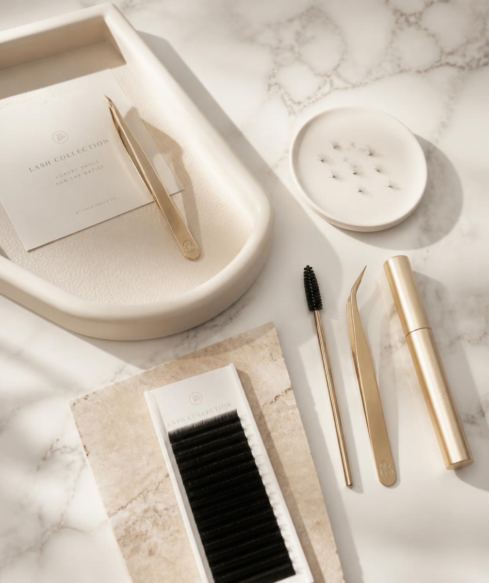 High-end lash tools arranged on a marble surface